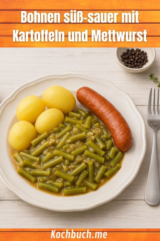 Bohnen süß-sauer mit Kartoffeln und Mettwurst