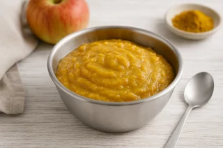 Apfel-Dip mit Curry in einer modernen Edelstahlschüssel auf hellem Holztisch
