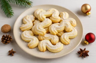Frische Biskuitplätzchen in S-Form mit Puderzucker bestäubt, serviert auf einem Teller mit weihnachtlicher Dekoration