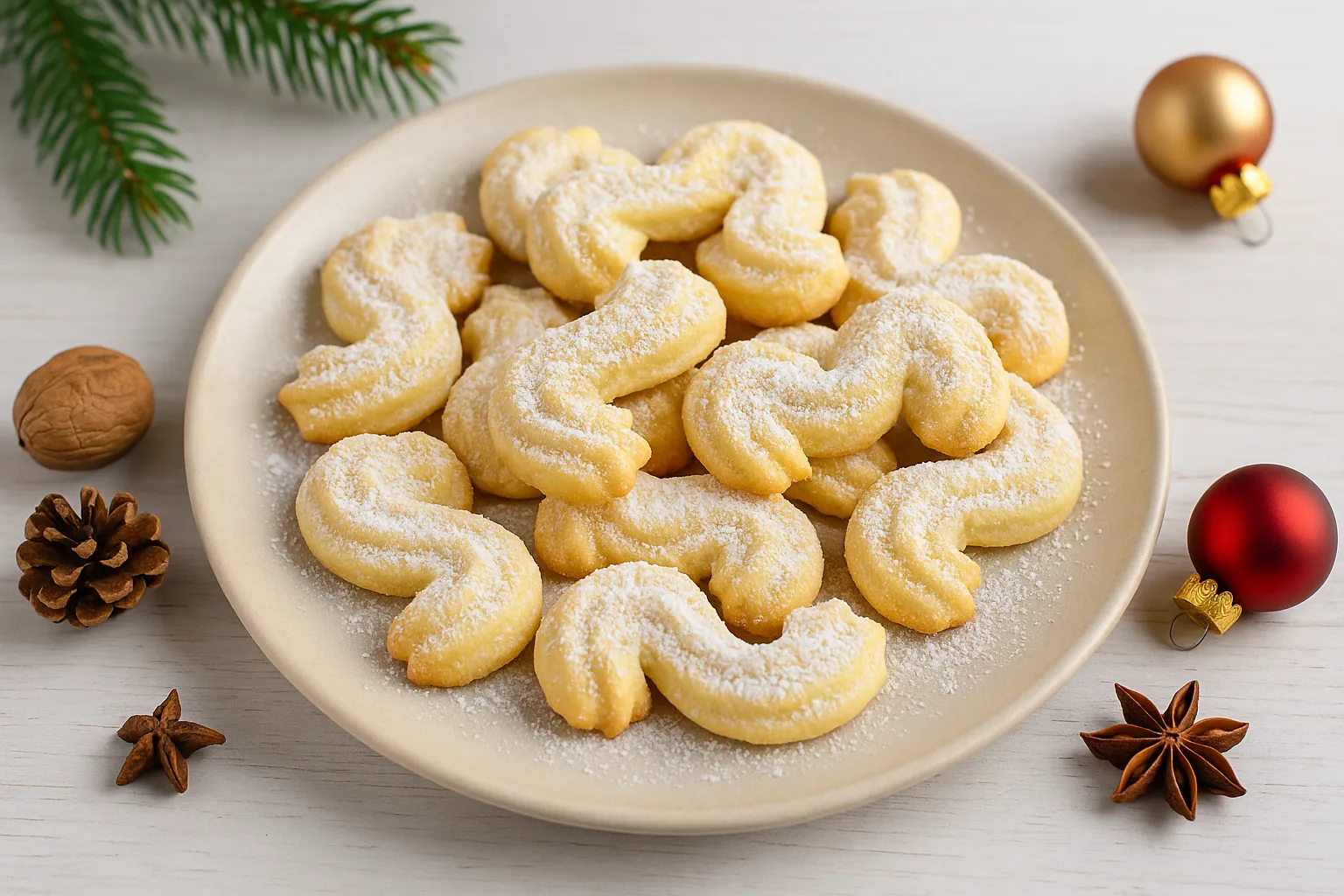Frische Biskuitplätzchen in S-Form mit Puderzucker bestäubt, serviert auf einem Teller mit weihnachtlicher Dekoration