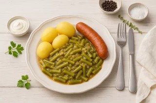 Bohnen süß-sauer mit Kartoffeln und Mettwurst auf weißem Teller, dekorativ angerichtet