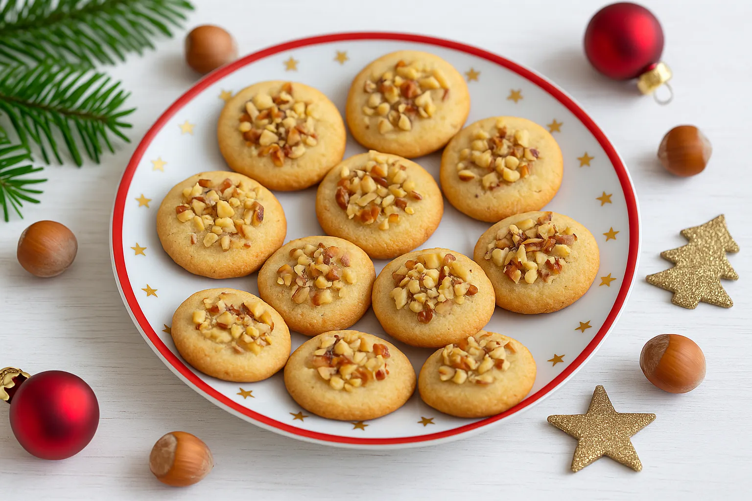 Haselnuss-Marzipan-Plätzchen mit gehackten Haselnüssen auf einem weihnachtlich dekorierten Teller serviert