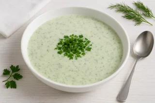Kalte Gurkensuppe mit Sahne und Kräutern im weißen tiefen Teller auf weißem Holzhintergrund