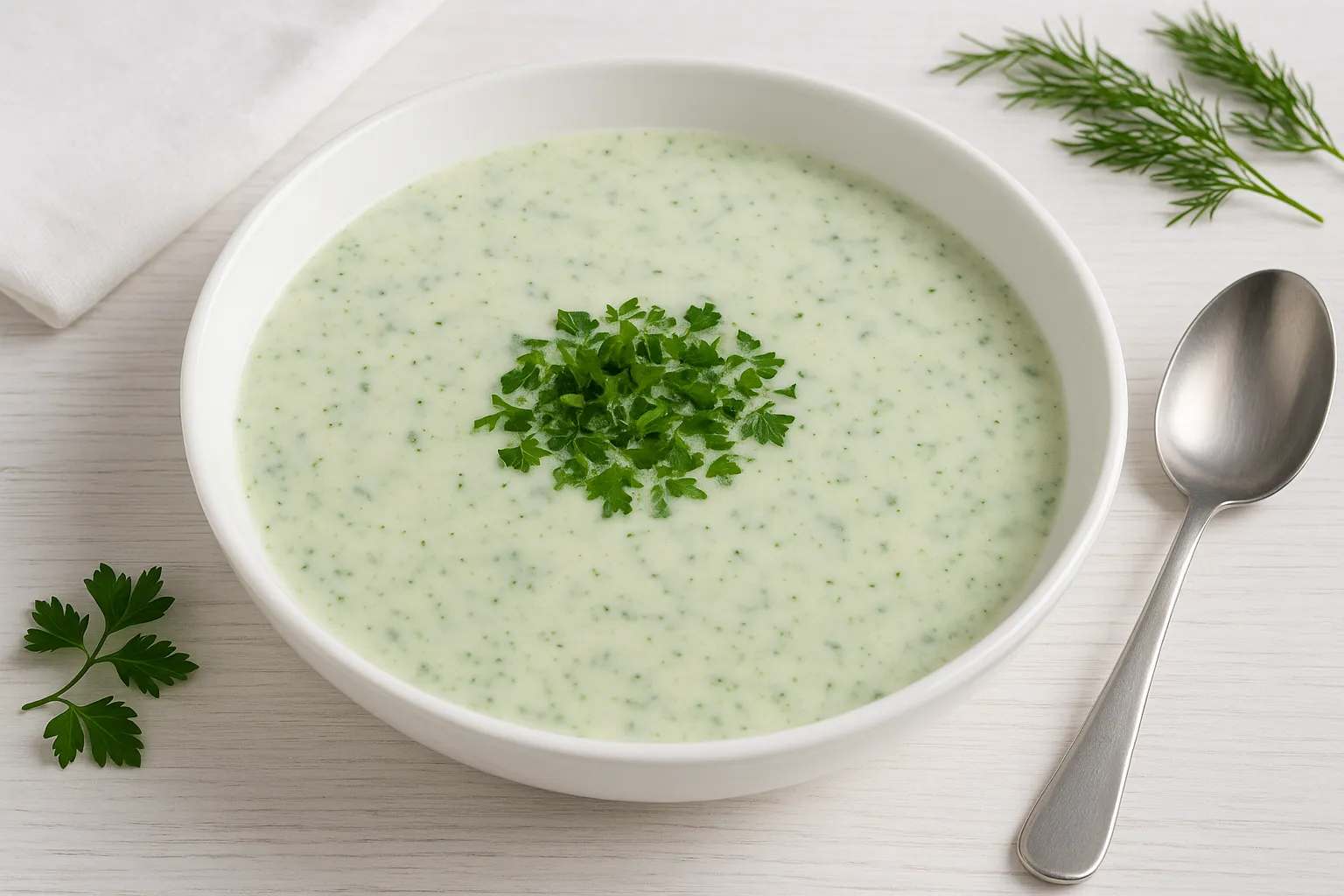 Kalte Gurkensuppe mit Sahne und Kräutern im weißen tiefen Teller auf weißem Holzhintergrund