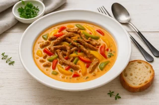 Gyrossuppe mit Fleisch, Paprika und Schmelzkäse in rustikalem weißen DDR-Geschirr auf weißem Holzhintergrund