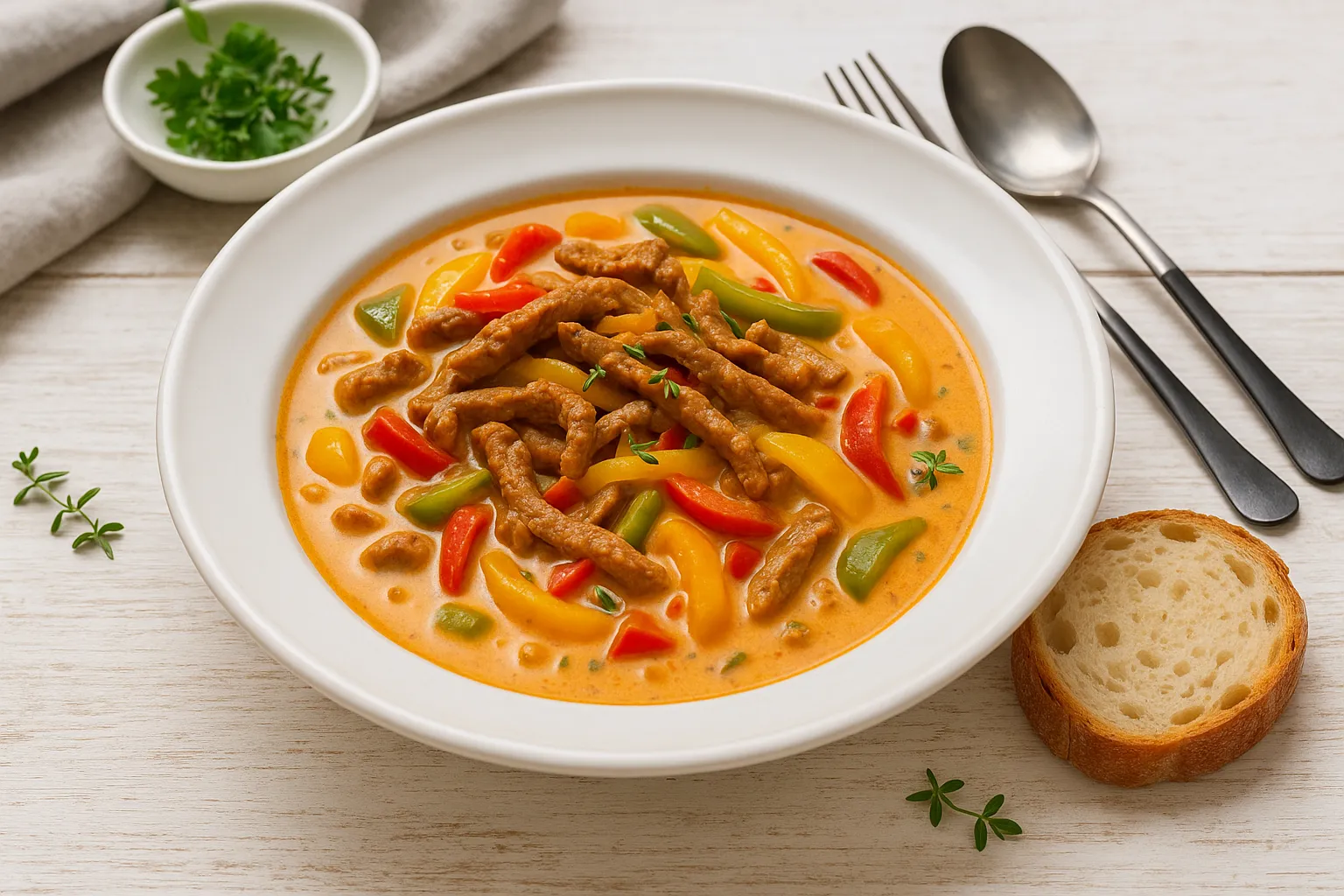 Gyrossuppe mit Fleisch, Paprika und Schmelzkäse in rustikalem weißen DDR-Geschirr auf weißem Holzhintergrund