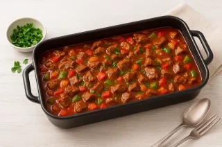 Herzhafter Partygulasch mit Fleisch, Paprika und Tomaten in großem Bräter auf weißem Holztisch