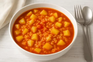 Kartoffel-Reis-Eintopf mit Kartoffelstücken, Reis und Tomaten in Schüssel auf Holztisch