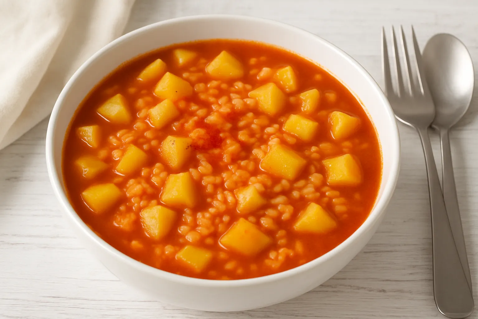 Kartoffel-Reis-Eintopf mit Kartoffelstücken, Reis und Tomaten in Schüssel auf Holztisch
