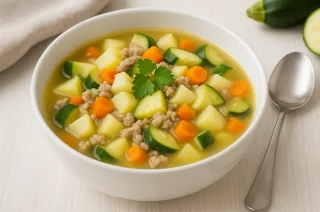Zucchinieintopf mit Putenhack, Kartoffeln, Möhren und Zucchini in einer Suppenschüssel serviert