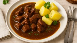 Deftiges Bierfleisch mit Schweinefleischwürfeln in kräftiger Biersauce, serviert mit Kartoffeln auf Teller