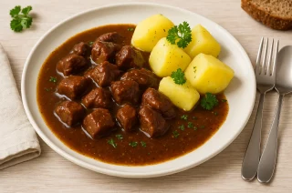 Deftiges Bierfleisch mit Schweinefleischwürfeln in kräftiger Biersauce, serviert mit Kartoffeln auf Teller