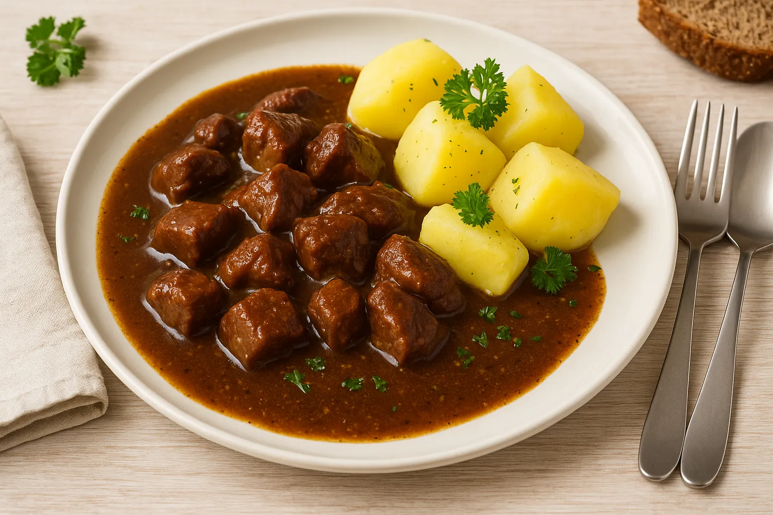 Deftiges Bierfleisch mit Schweinefleischwürfeln in kräftiger Biersauce, serviert mit Kartoffeln auf Teller