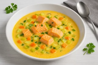 Lachssuppe mit Lachs, Gemüsewürfeln und Safran in einem tiefen Teller auf weißem Holzhintergrund