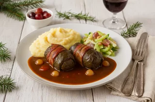 Winzerroulade aus Rindfleisch in Weinblättern und Speck, serviert mit Rotweinsauce, Kartoffelpüree und Selleriesalat