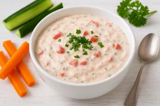 Quark-Tomaten-Dip mit Kräutern und Tomatenwürfeln in weißer Schüssel auf Holztisch