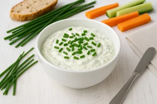 Weiße Schale mit Schnittlauchdip, garniert mit frischem Schnittlauch, auf weißem Holztisch mit Brot und Gemüse