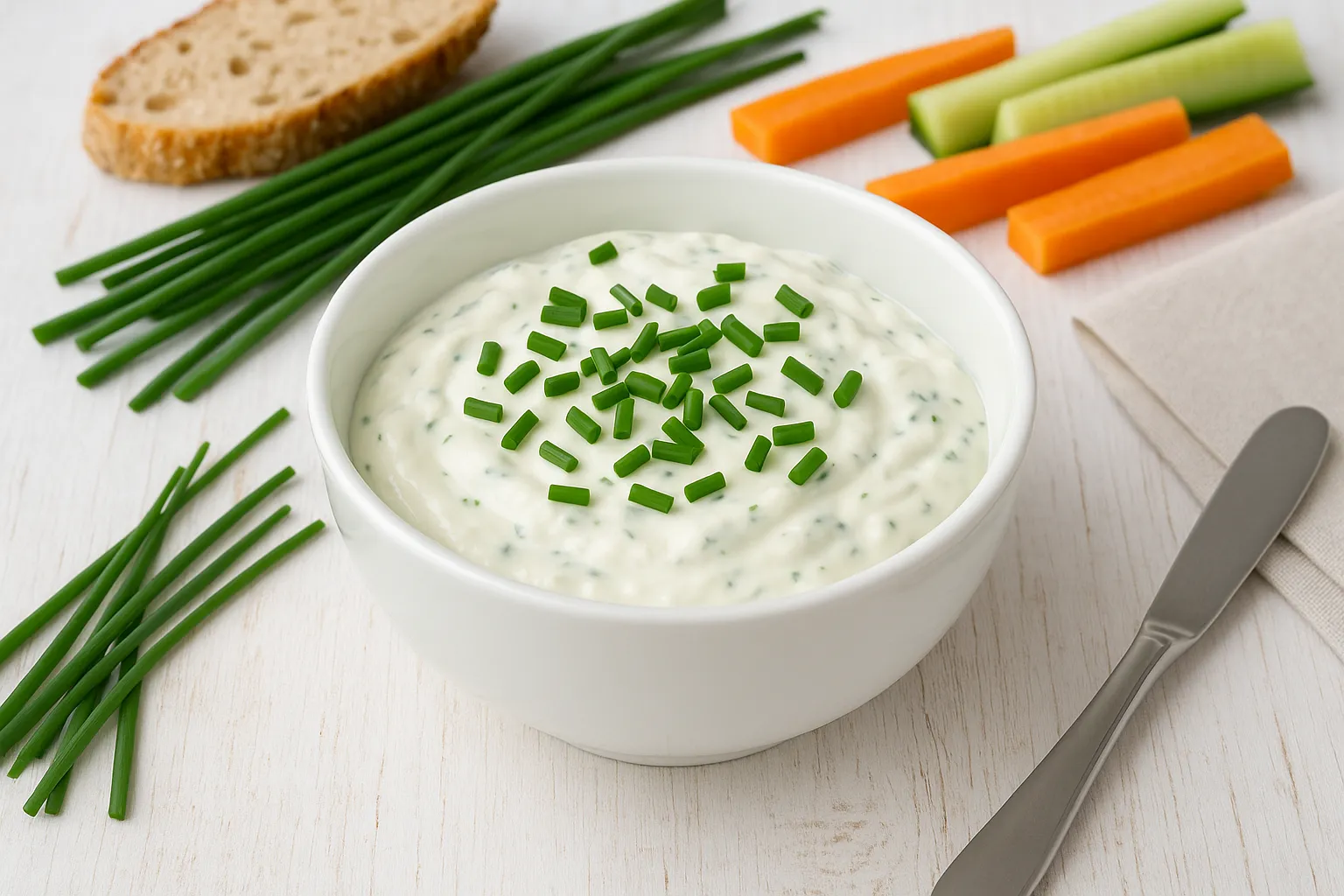 Weiße Schale mit Schnittlauchdip, garniert mit frischem Schnittlauch, auf weißem Holztisch mit Brot und Gemüse