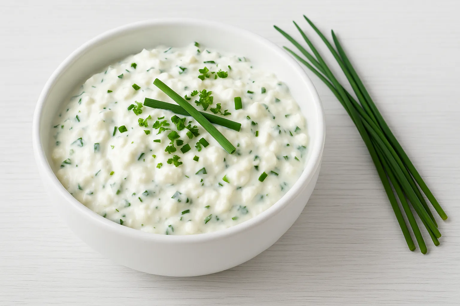 Cremiger Gemüse-Dip mit Quark, Hüttenkäse und Kräutern in einer weißen Schale, serviert 