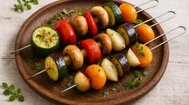 Bunte Gemüseschaschliks mit Zucchini, Aubergine, Paprika, Champignons und Aprikosen auf rundem Holzteller