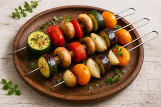 Bunte Gemüseschaschliks mit Zucchini, Aubergine, Paprika, Champignons und Aprikosen auf rundem Holzteller