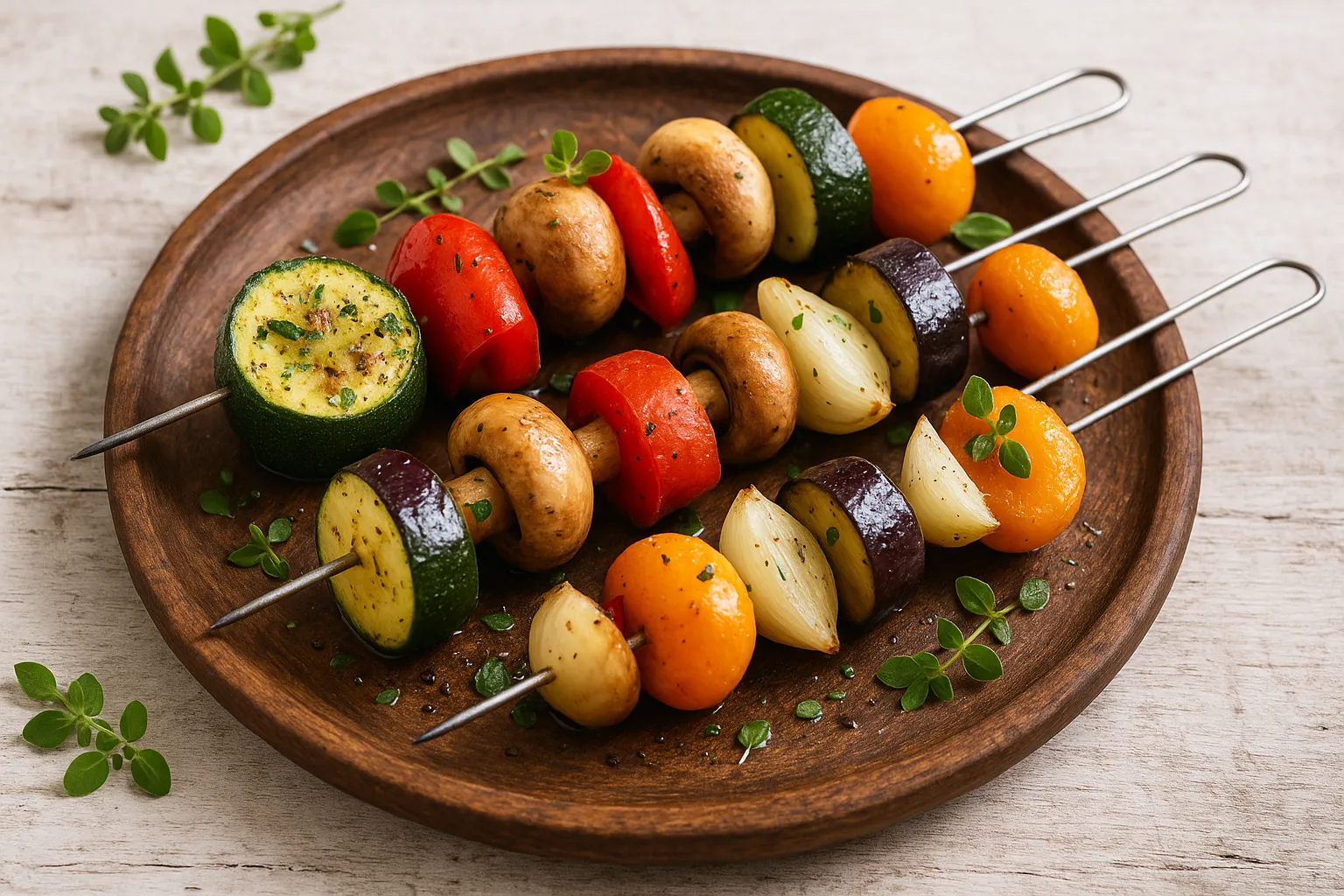 Bunte Gemüseschaschliks mit Zucchini, Aubergine, Paprika, Champignons und Aprikosen auf rundem Holzteller