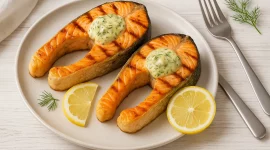 Gegrillte Lachssteaks mit Dill-Knoblauch-Butter und Zitronenscheiben auf Teller angerichtet