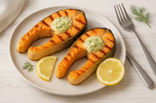 Gegrillte Lachssteaks mit Dill-Knoblauch-Butter und Zitronenscheiben auf Teller angerichtet