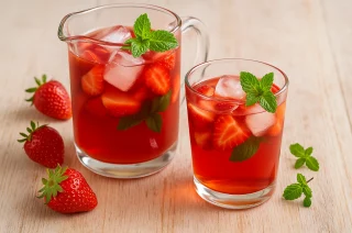 Apfelweinbowle mit frischen Erdbeeren, Minze und Eiswürfeln in einem Glas auf Holztisch