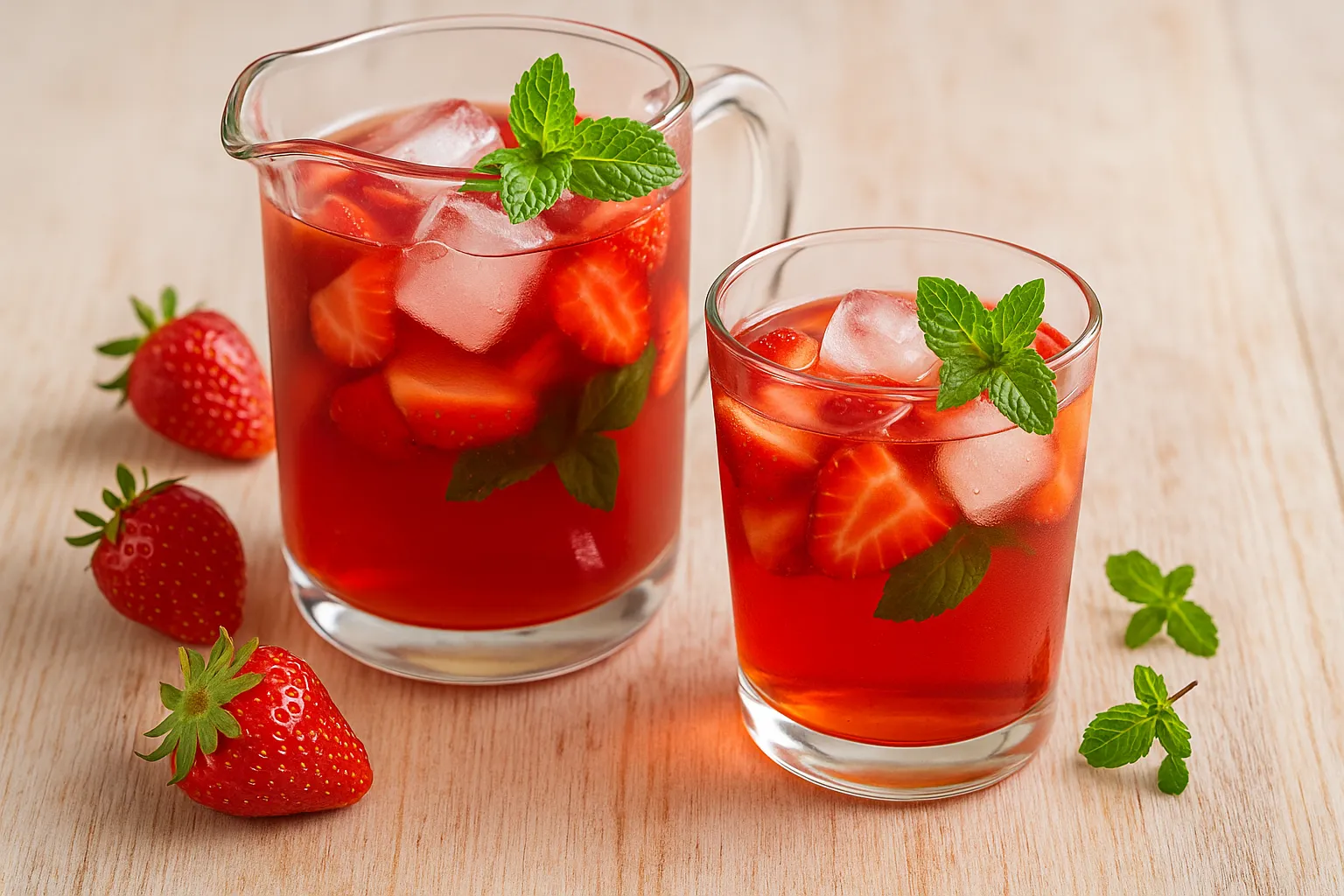 Apfelweinbowle mit frischen Erdbeeren, Minze und Eiswürfeln in einem Glas auf Holztisch