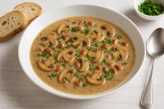 Jägersuppe mit Pilzen, Speck und Petersilie in weißem Teller serviert