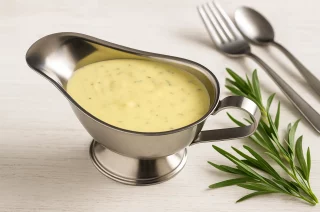 Cremige Senf-Estragon-Sauce in einer Edelstahlsauciere, serviert mit Estragon auf Holztisch