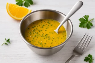 Frisches Orangen-Dressing mit Kräutern in einer Edelstahlschale auf weißem Holzhintergrund