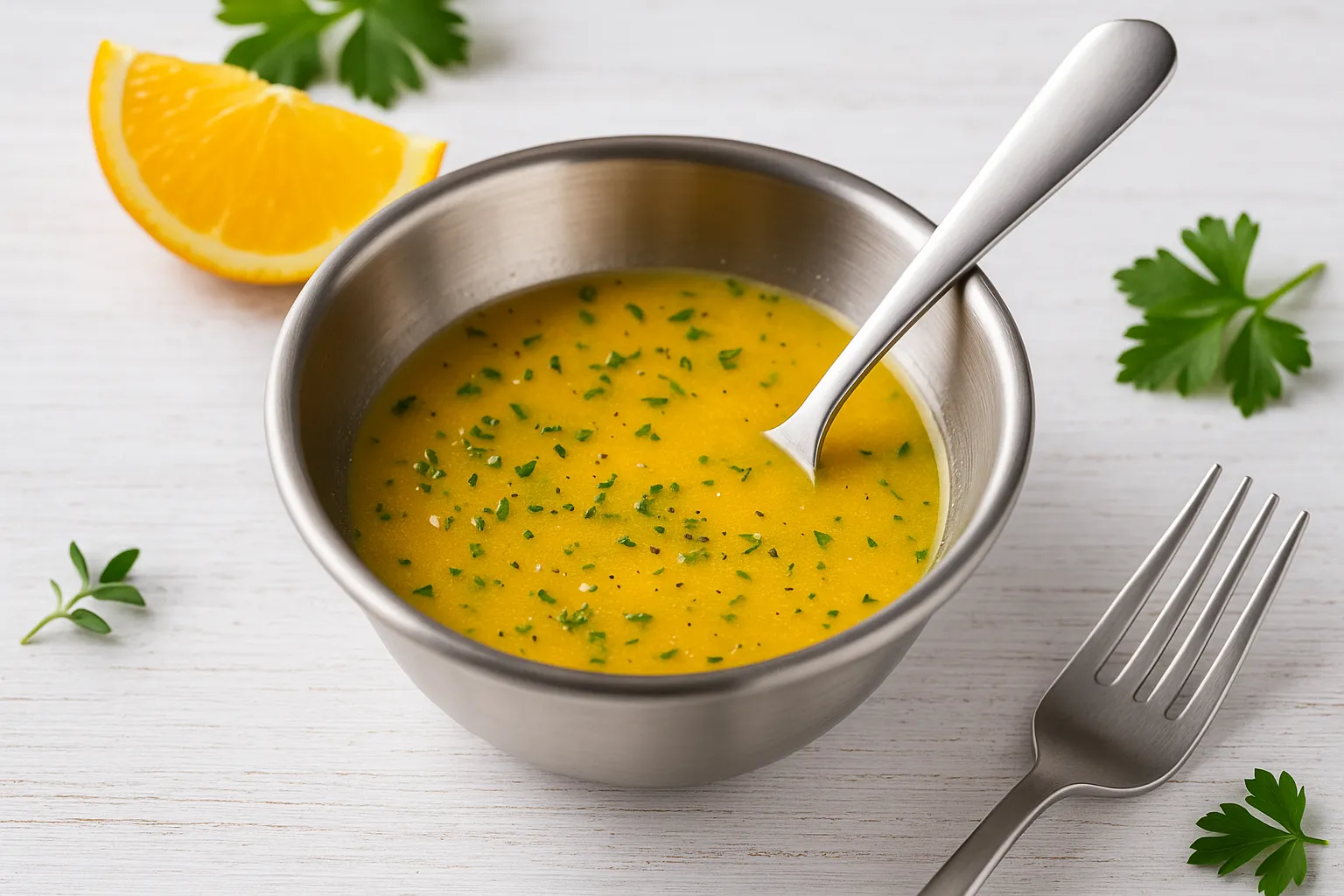 Frisches Orangen-Dressing mit Kräutern in einer Edelstahlschale auf weißem Holzhintergrund
