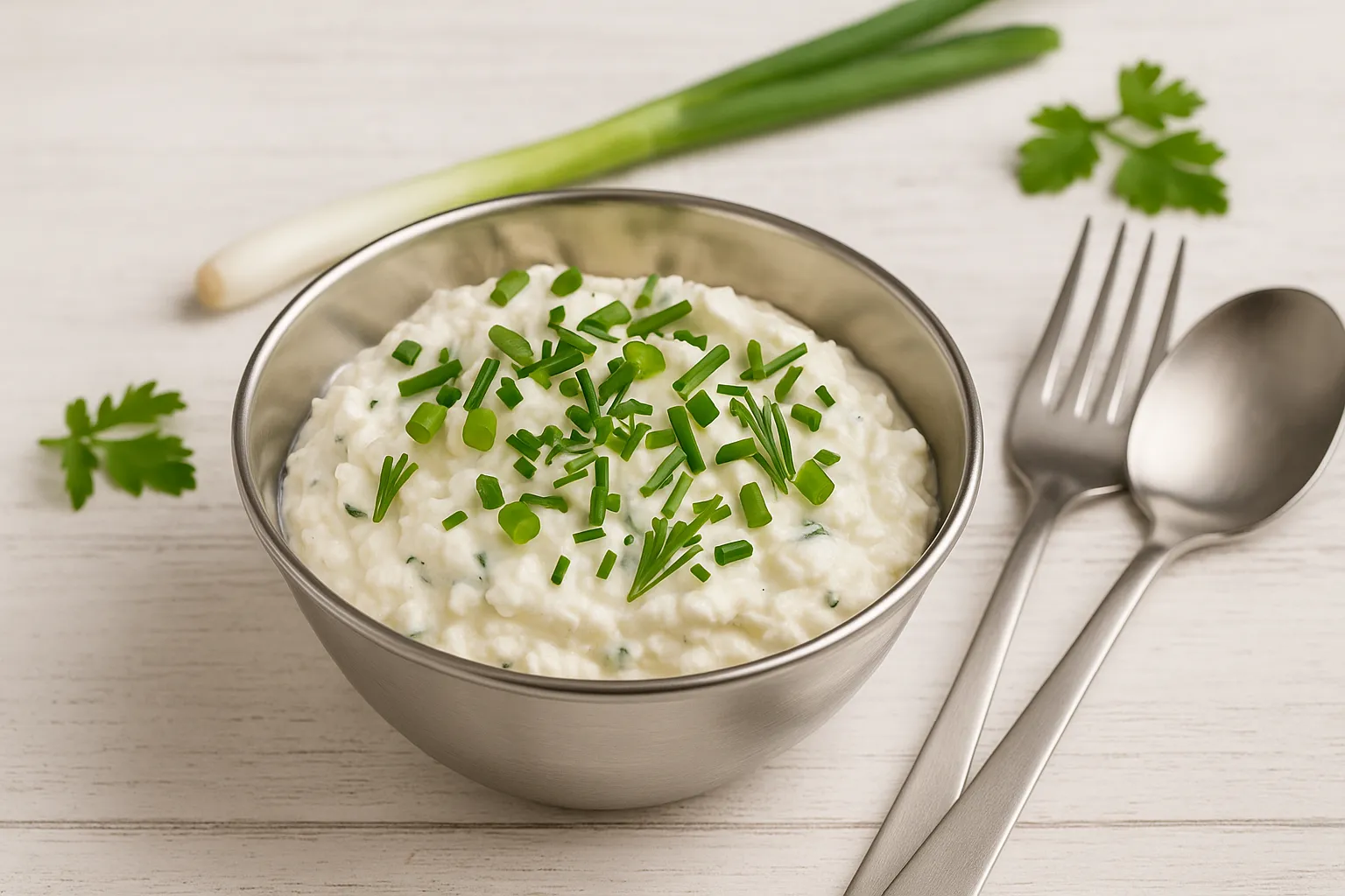 Schafskäsedip mit Quark, Schnittlauch und Frühlingszwiebeln in Edelstahlschale auf Holztisch