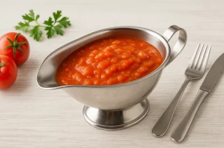 Tomaten-Zwiebel-Sauce in einer glänzenden Edelstahlsauciere, serviert auf Holztisch mit frischen Tomaten