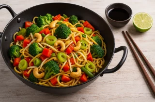 Buntes Wok-Gemüse mit Brokkoli, Paprika, Lauch, Sojasprossen und Nudeln, serviert im schwarzen Wok mit Cashewkernen auf hellem Holztisch