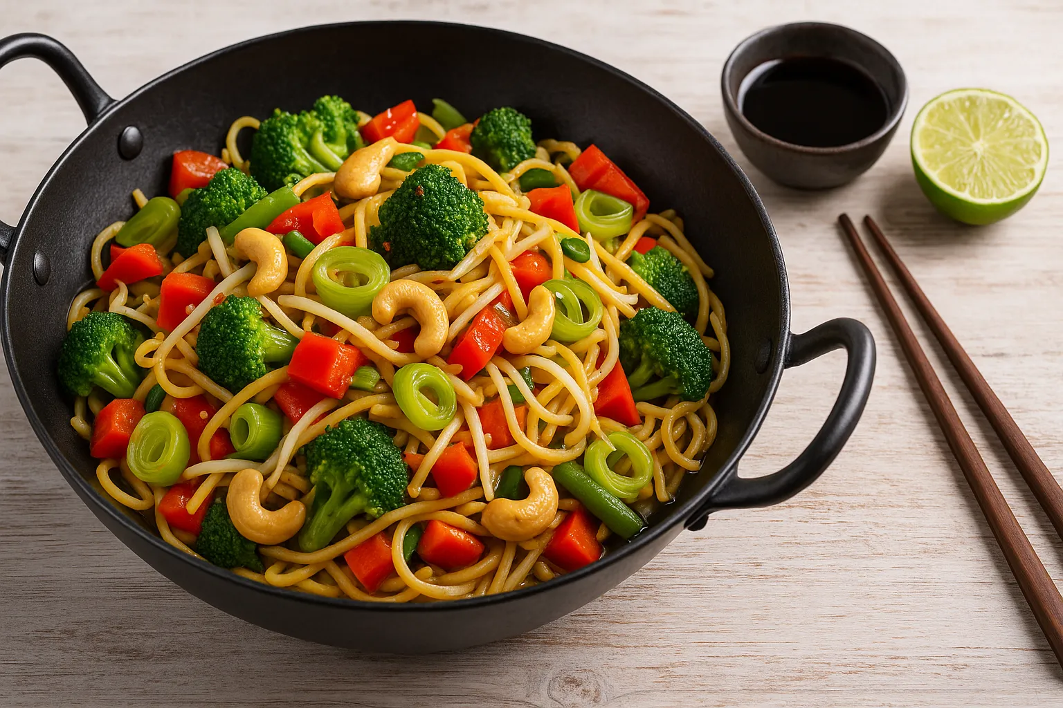 Buntes Wok-Gemüse mit Brokkoli, Paprika, Lauch, Sojasprossen und Nudeln, serviert im schwarzen Wok mit Cashewkernen auf hellem Holztisch