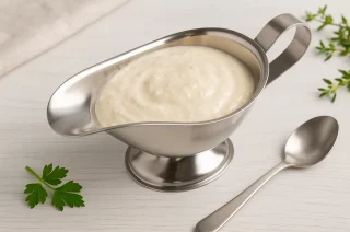 Cremige Meerrettichsauce in einer eleganten Edelstahl-Sauciere auf weißem Holzhintergrund mit moderner Deko