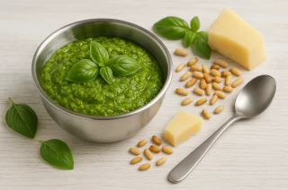 Basilikum-Pesto in Edelstahlschale, umgeben von Pinienkernen, Parmesan und Basilikumblättern