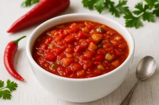 Rote Hot Chili Sauce aus Paprika, Chili und Tomaten in einer weißen Schale auf Holztisch