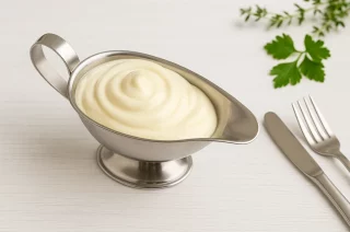 Cremige Mayonnaise ohne Ei in einer Edelstahl-Sauciere, serviert auf weißem Holzhintergrund mit moderner Deko