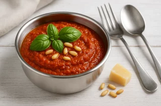 Paprika-Pesto in Edelstahlschale, dekoriert mit Basilikum und Pinienkernen
