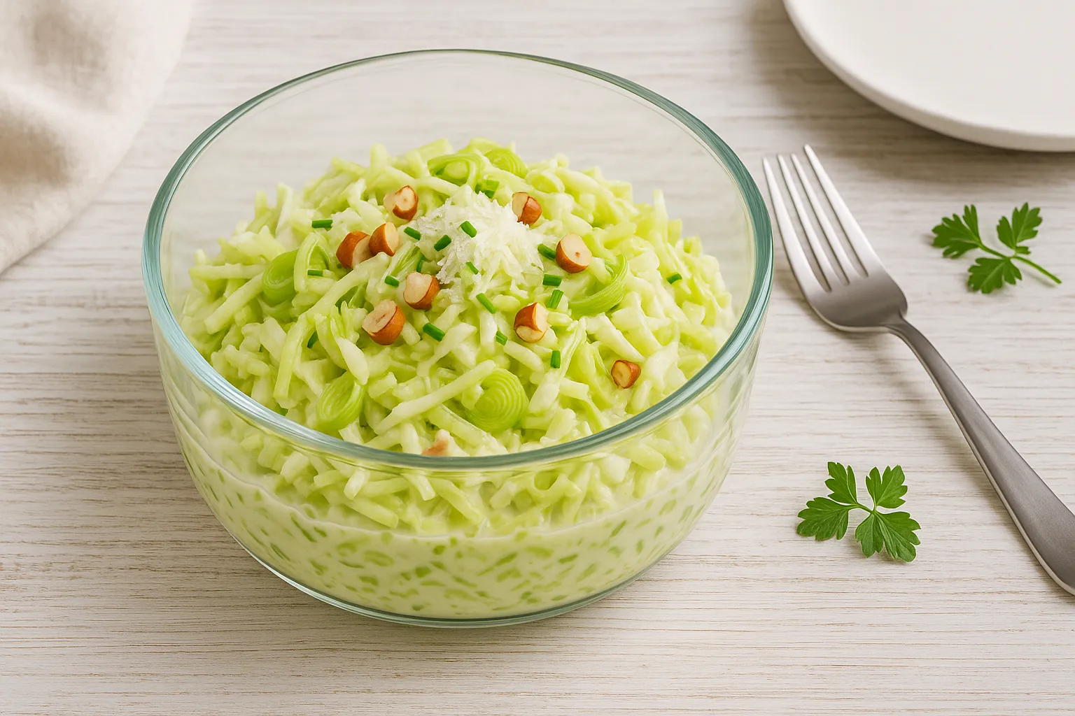 Roher Lauchsalat mit Äpfeln, Sellerie und Joghurt in moderner Glasschüssel serviert