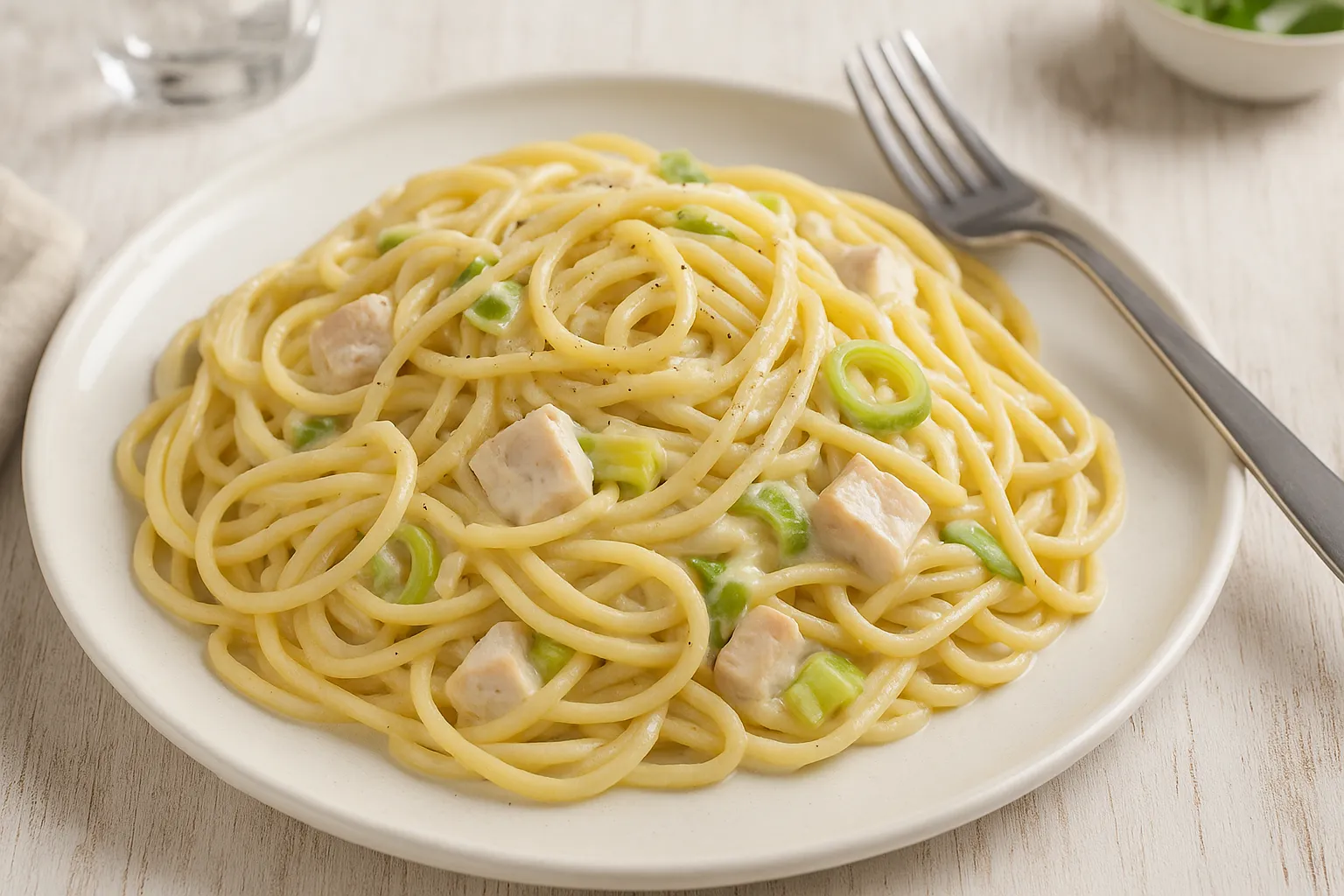 Spaghetti Carbonara mit Skyr, Hähnchenbrust und Lauch, serviert auf weißem Teller auf Holztisch