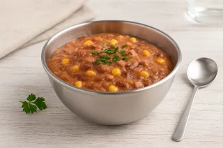 Cremiger Western-Dip aus Kidneybohnen, Mais und Schinken in einer Edelstahlschale auf Holztisch