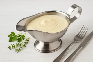 Helle Buttersauce cremig angerichtet in einer Edelstahlsauciere auf weißem Holzhintergrund