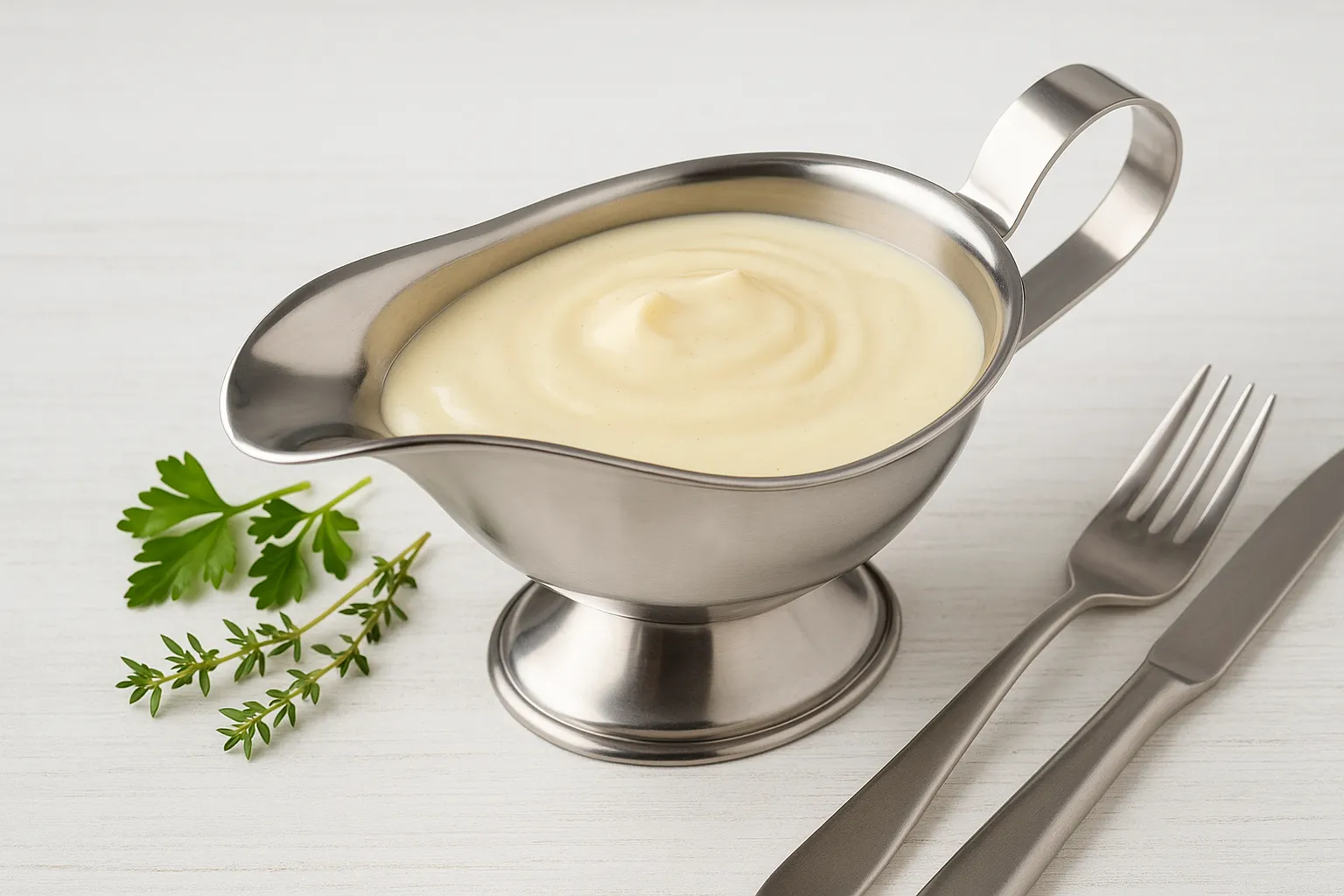 Helle Buttersauce cremig angerichtet in einer Edelstahlsauciere auf weißem Holzhintergrund