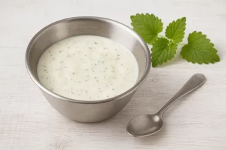 Joghurt-Senfdressing in einer Edelstahlschüssel mit frischer Zitronenmelisse, angerichtet auf hellem Holztisch