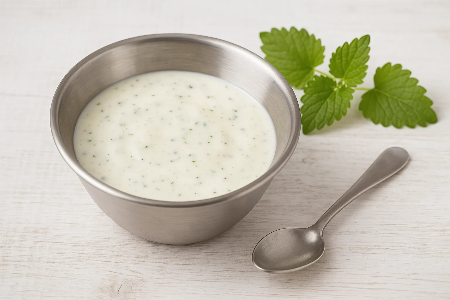 Joghurt-Senfdressing in einer Edelstahlschüssel mit frischer Zitronenmelisse, angerichtet auf hellem Holztisch